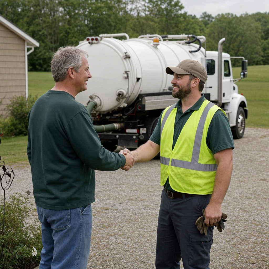 A septic technician shaking a Saint Peters homeowner's hand beside the service truck after a completed pump-out