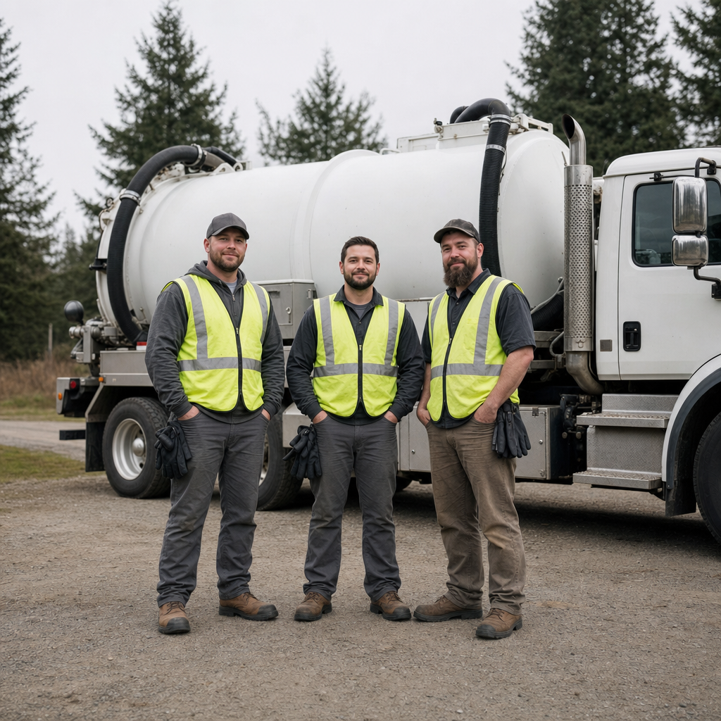 The Saint Peters septic pumping crew standing together beside their clean white vacuum truck on a residential street