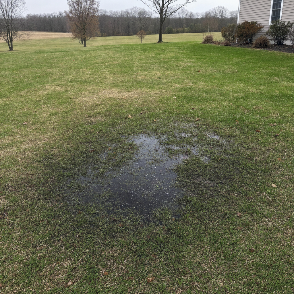 A dark, saturated wet spot in a Saint Peters backyard lawn marking a failing cesspool at capacity
