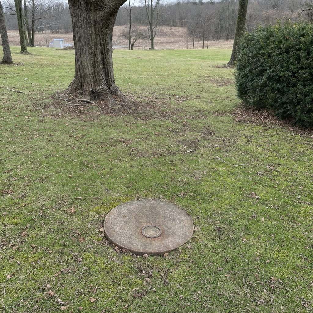 An older round cesspool access lid set flush in an established, mature Saint Peters backyard lawn