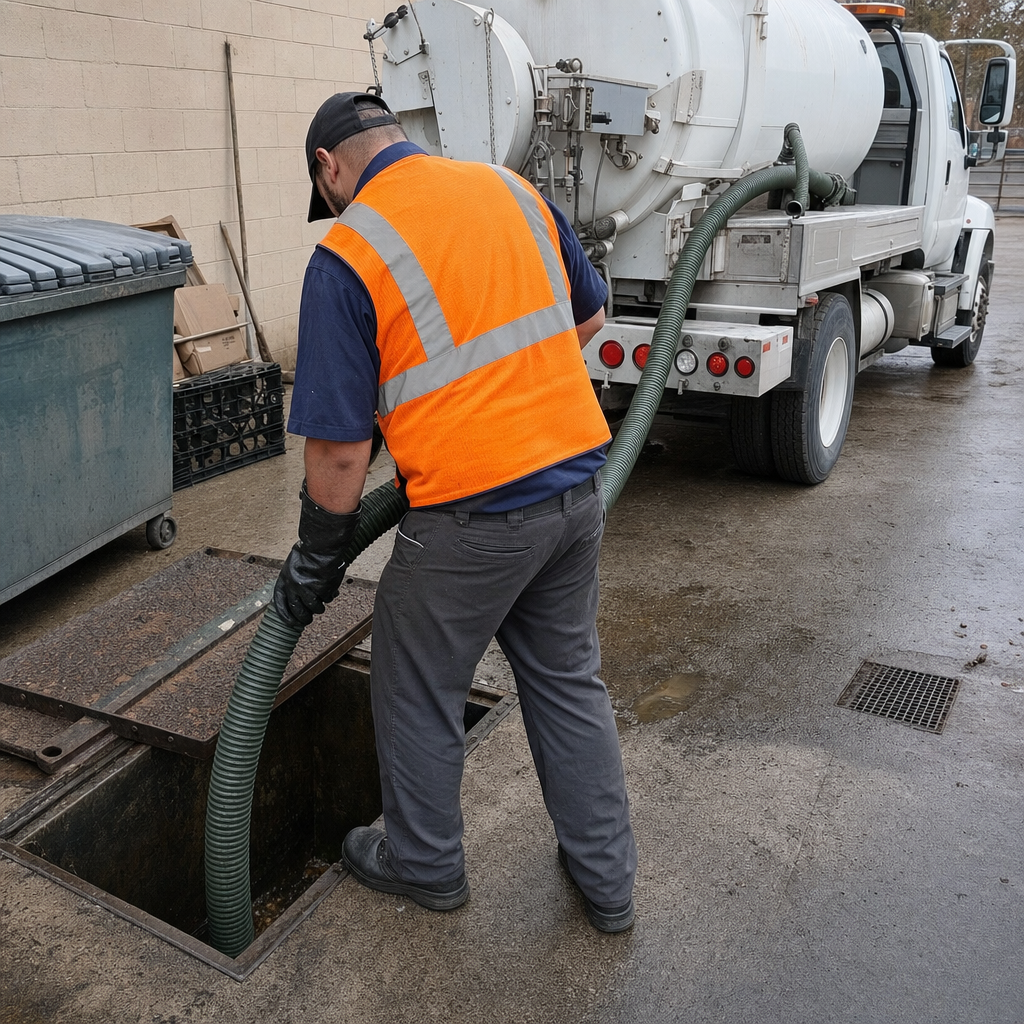 Technician pumping a grease trap behind a Saint Peters restaurant