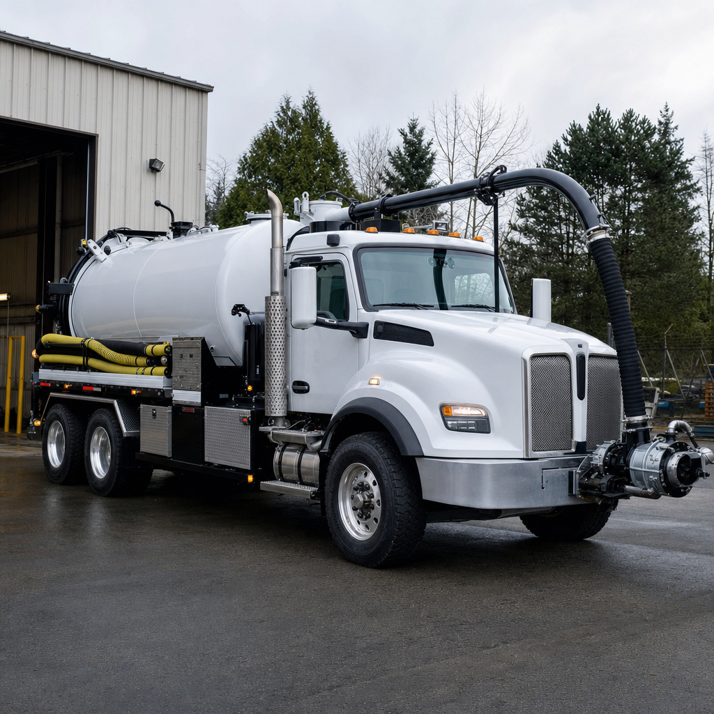 A clean white septic vacuum truck rolling out of a tidy Saint Peters service depot at the start of the day