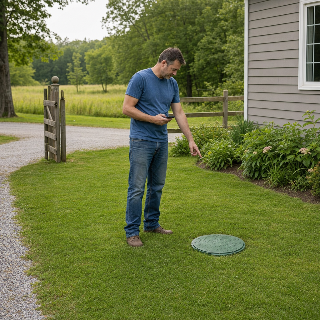 A Saint Peters-area homeowner standing in the backyard noting where the septic tank lid and access route are located