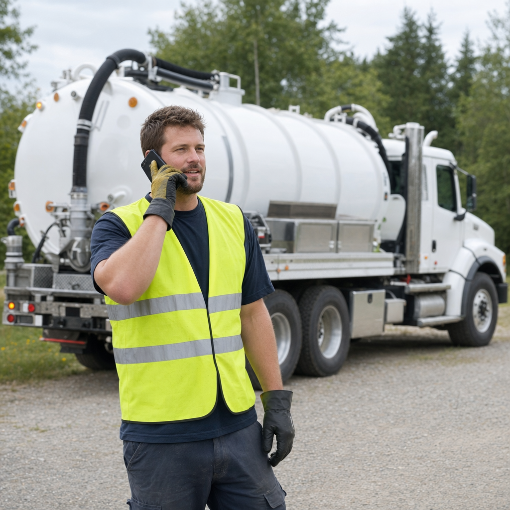 A friendly septic dispatcher holding a phone, ready to answer a Saint Peters homeowner's call about a pump-out