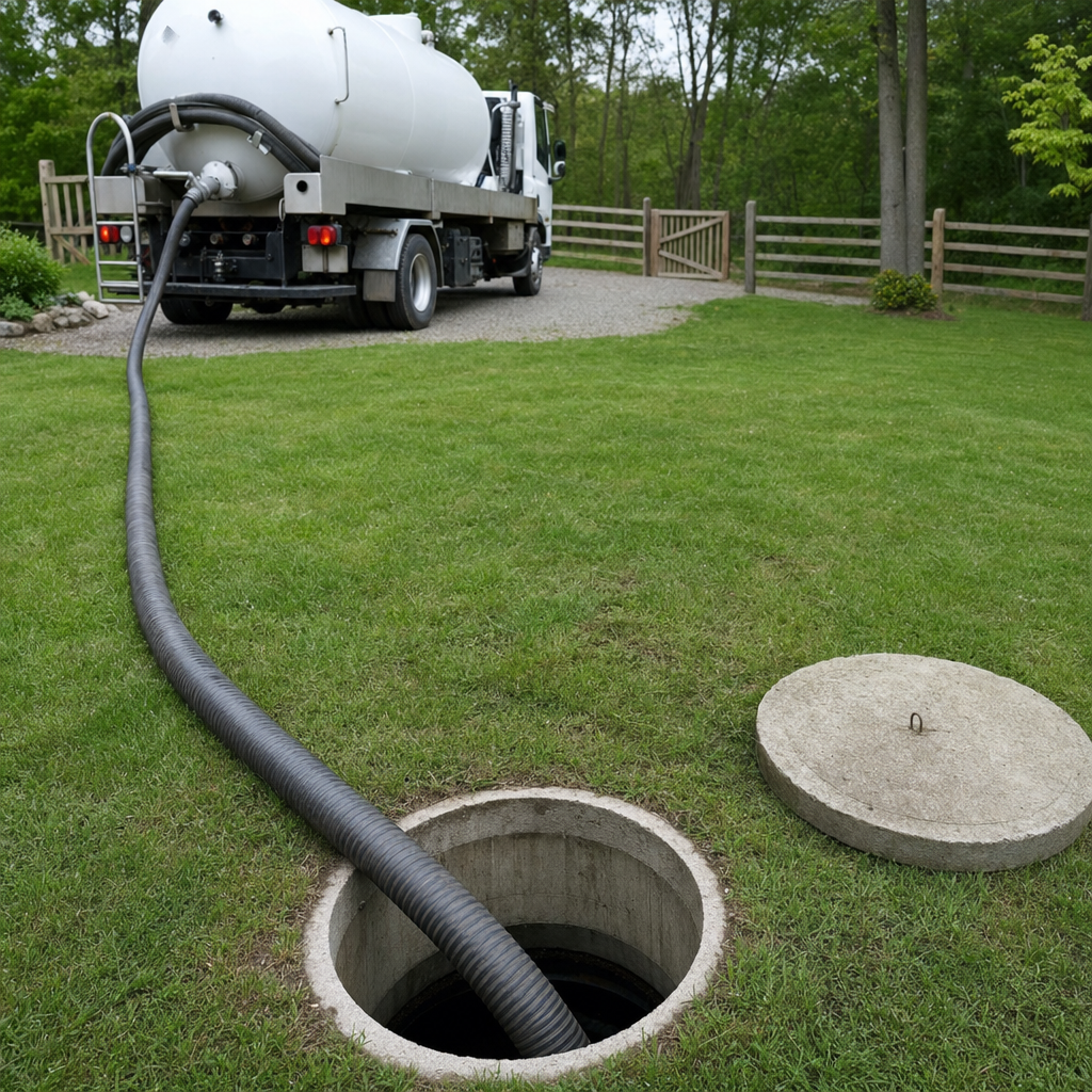 Suction hose connected to an open septic tank, drawing it down in a tidy Saint Peters yard