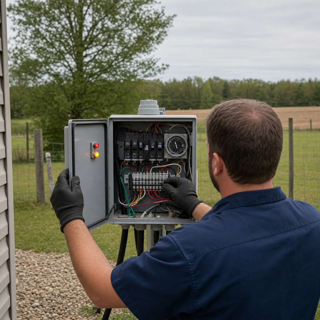Technician checking an aerobic septic control box with a lit red high-water alarm during a same-day Saint Peters visit