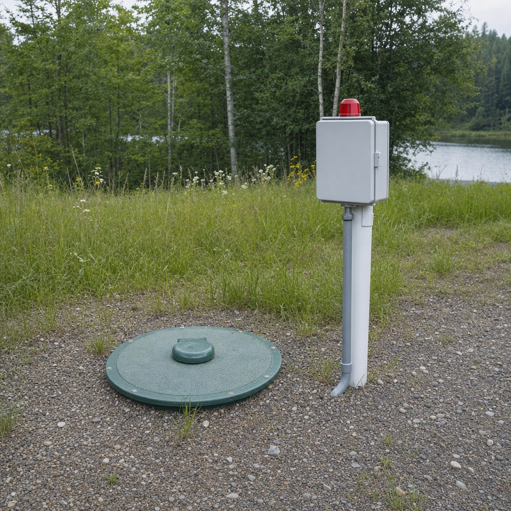 A wastewater holding tank access lid set in the ground at a rural Saint Peters-area cabin, with a mounted high-level float alarm panel nearby