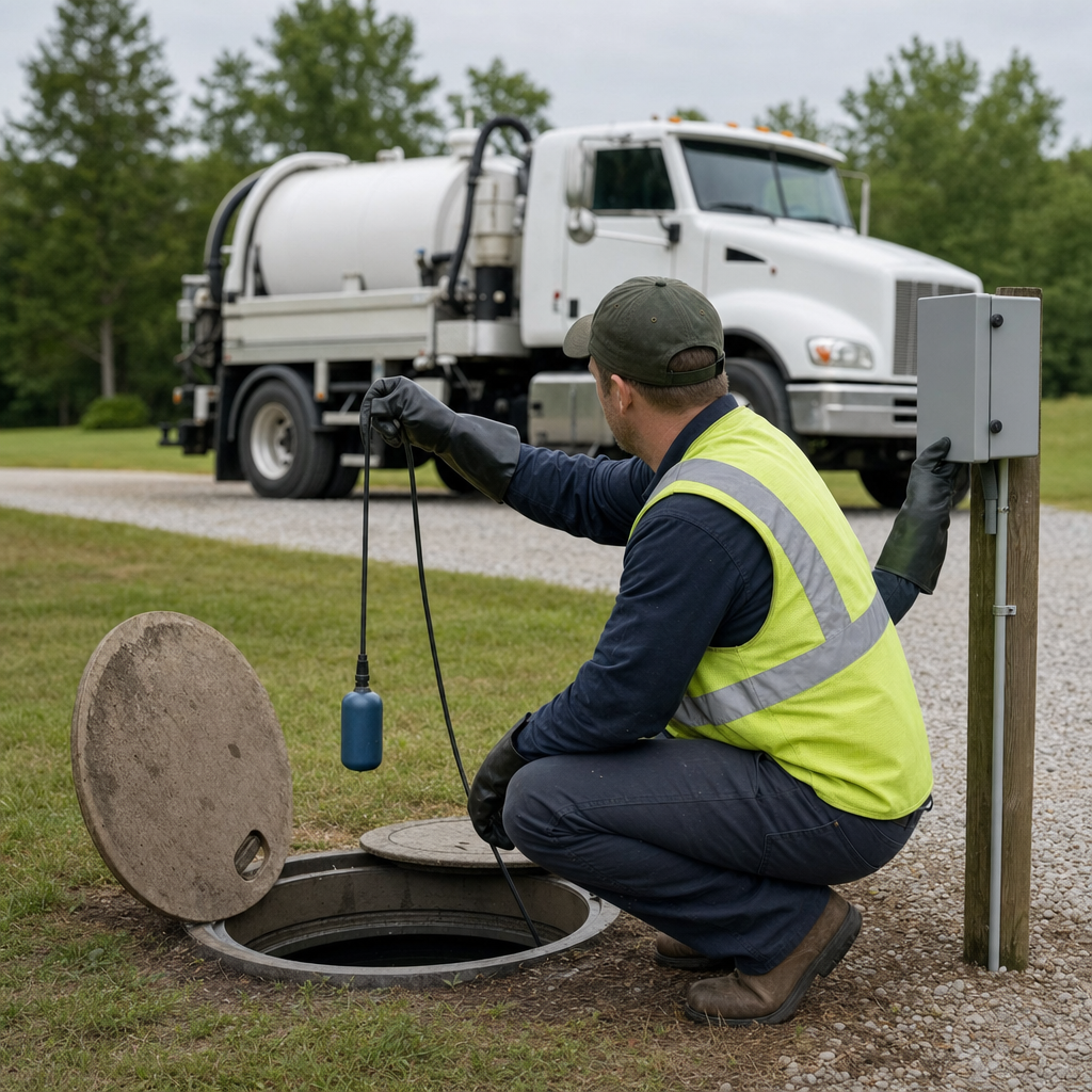 A septic technician in a high-visibility vest checking a high-level float switch and alarm panel on a holding tank at a rural Saint Peters-area site