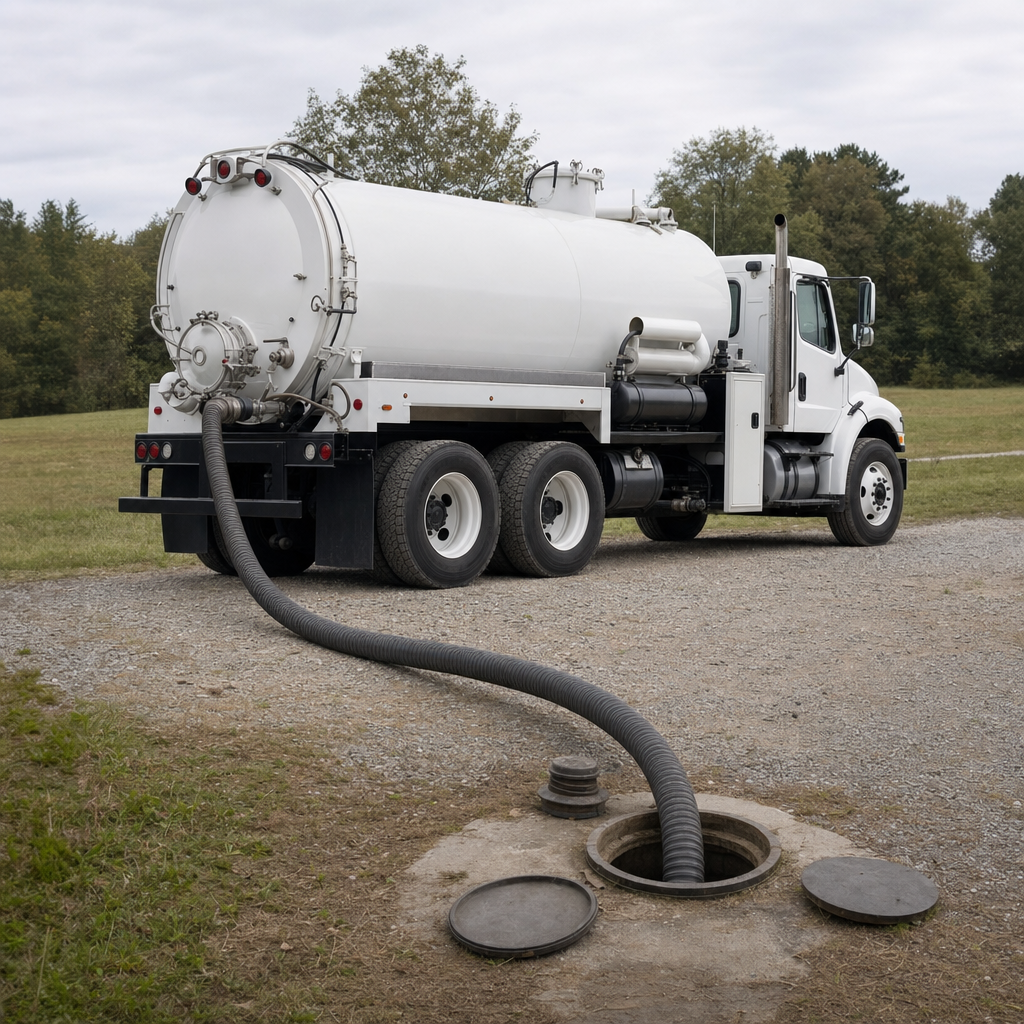 An unmarked white vacuum truck emptying a wastewater holding tank on a scheduled visit at a rural Saint Peters-area property, thick suction hose running to the tank lid