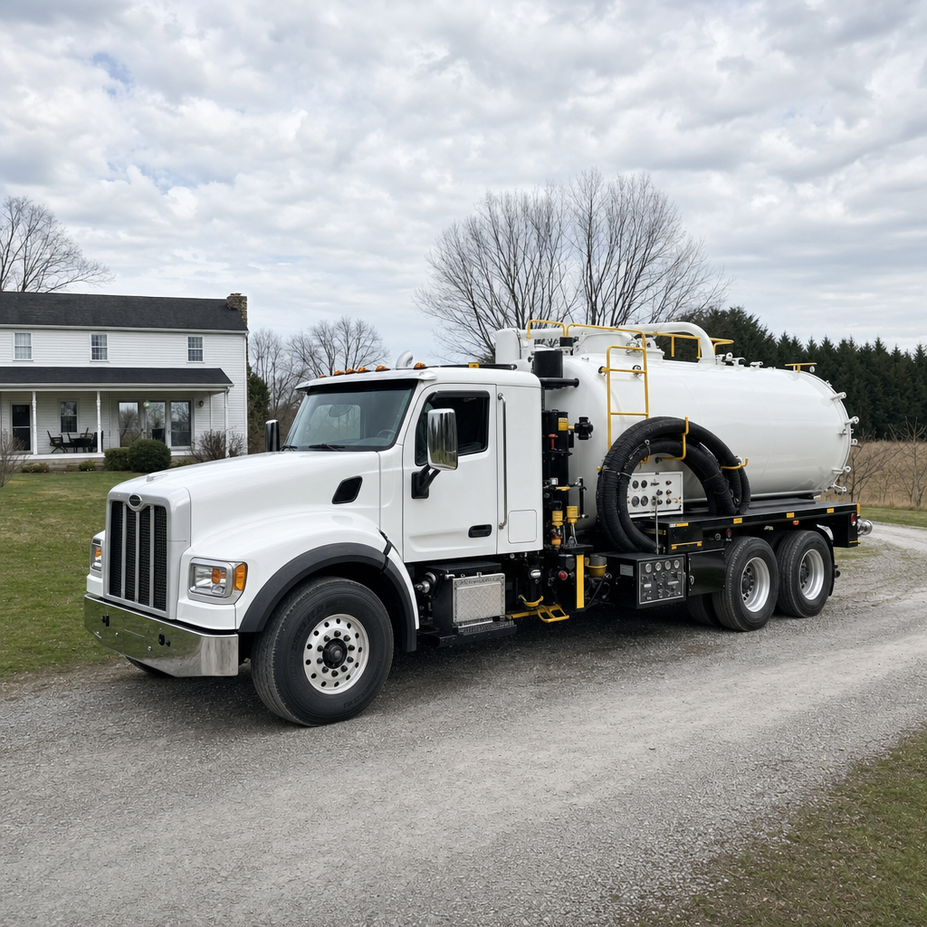 A clean white septic vacuum truck parked on a tidy Saint Peters driveway with the suction hose neatly coiled