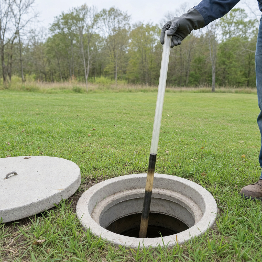 A septic sludge-judge measuring stick lowered into an open Saint Peters septic tank to read the depth of the sludge and scum layers before deciding whether a pump-out is due