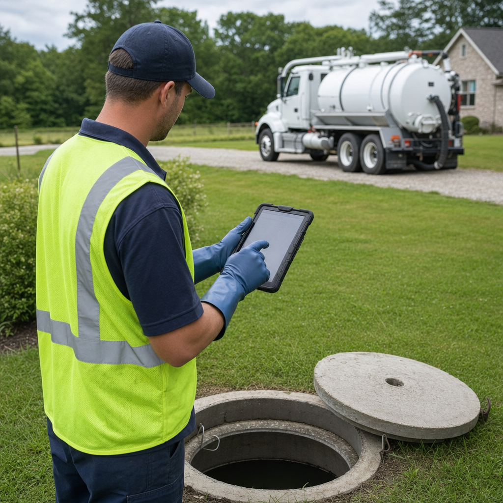 A septic technician recording a Saint Peters home's pump-out date and tank condition on a tablet beside an open access lid, tracking the service history that sets the next due date