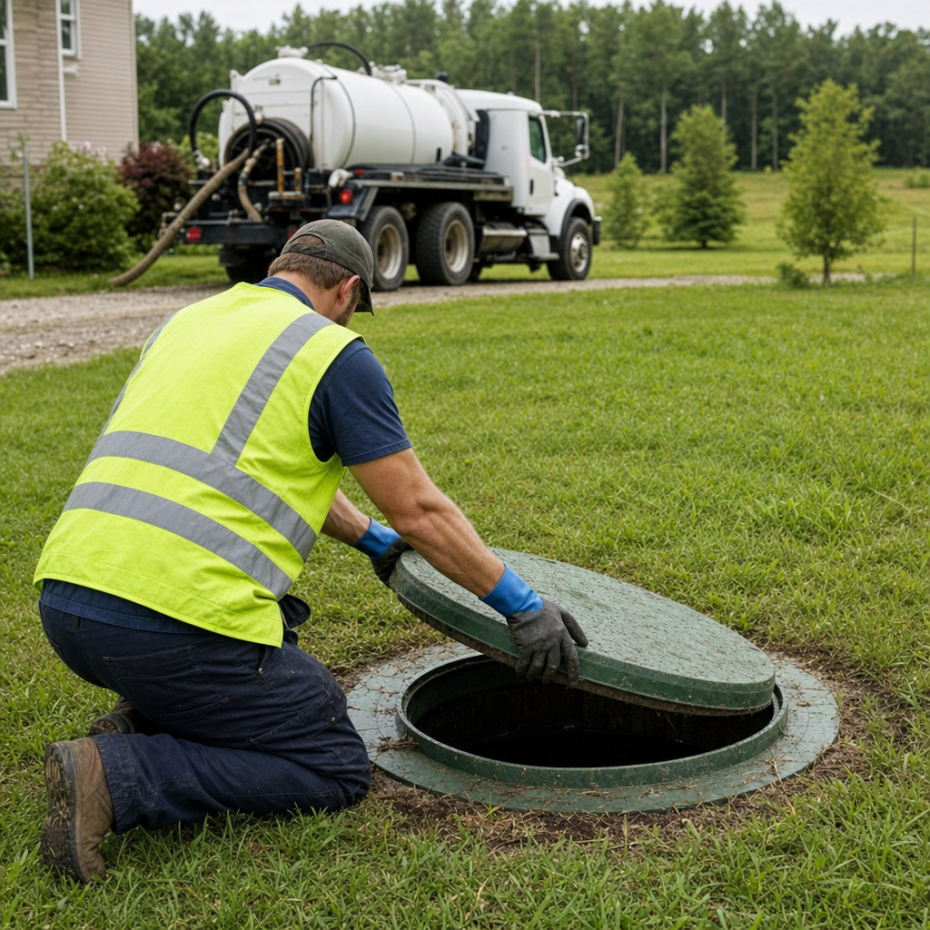 Septic technician kneeling on a Saint Peters lawn, lifting the access lid on a residential septic tank