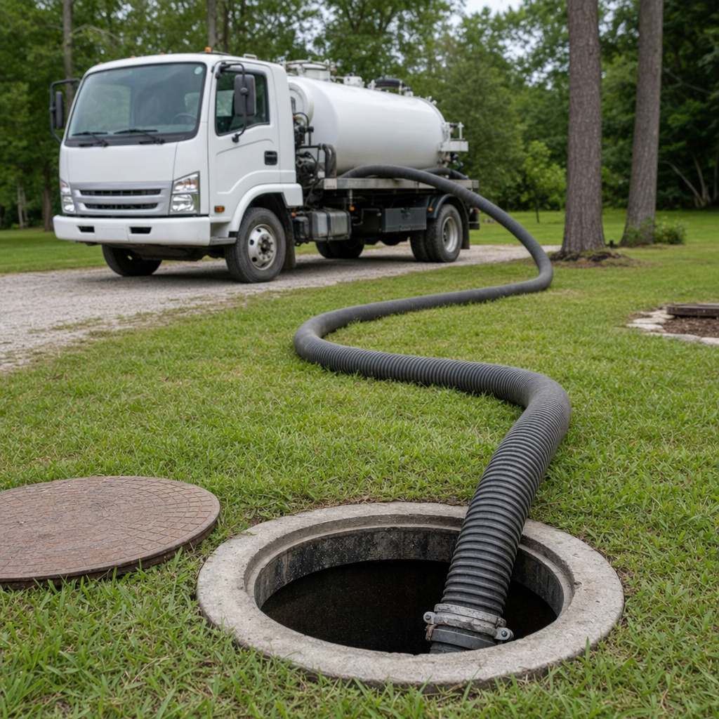 Thick ribbed suction hose lowered into a clean open septic tank port on a tidy Saint Peters backyard lawn