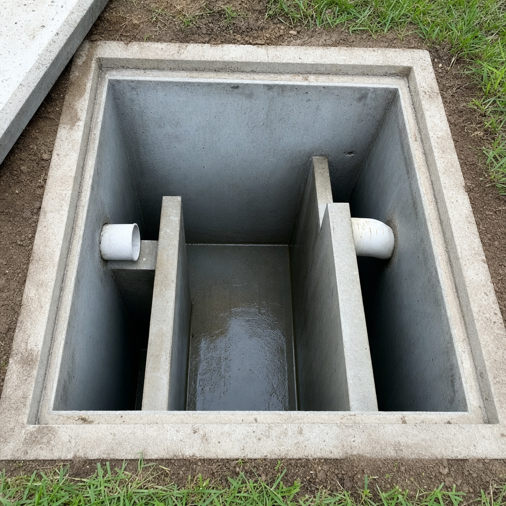 Inspection of the concrete baffles inside an open, emptied and freshly cleaned Saint Peters septic tank