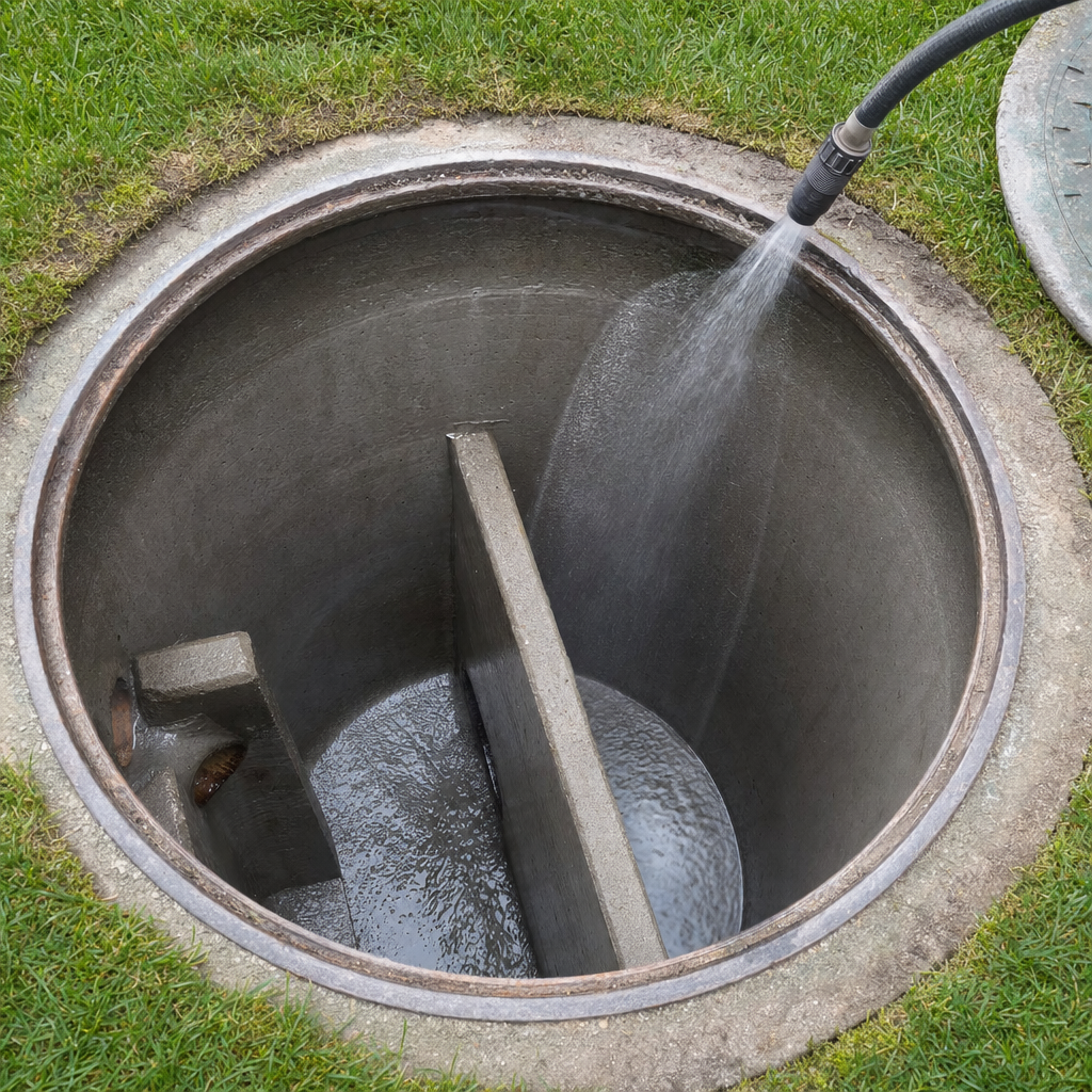 Interior concrete walls of an emptied Saint Peters septic tank being rinsed clean with the truck's onboard water hose