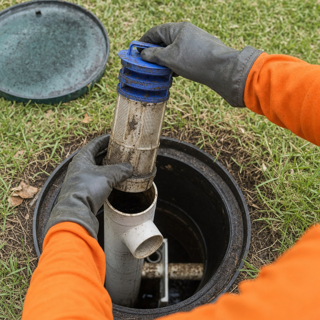 Septic technician's gloved hands lifting the effluent filter cartridge out of the outlet housing on a Saint Peters septic tank