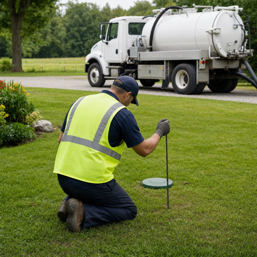 Septic technician kneeling on a Saint Peters lawn, probing to locate and measure the depth of a buried septic tank lid before pumping