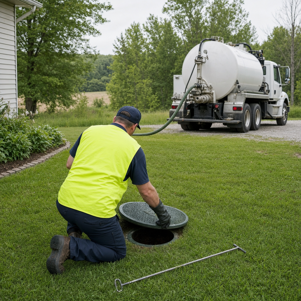 Septic technician kneeling on a Saint Peters lawn, lifting the buried access lid on a residential septic tank