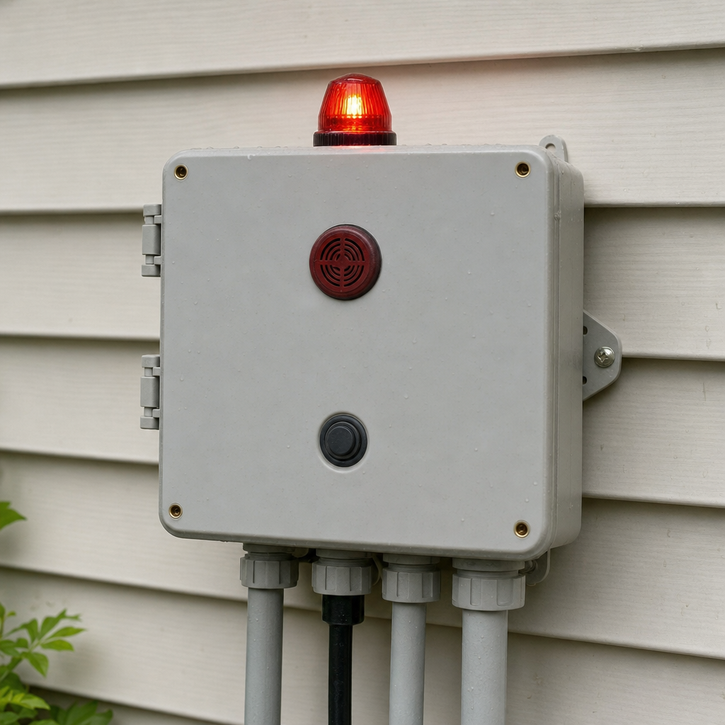 An aerobic septic system control panel mounted outside a Saint Peters home with its red high-water alarm light lit