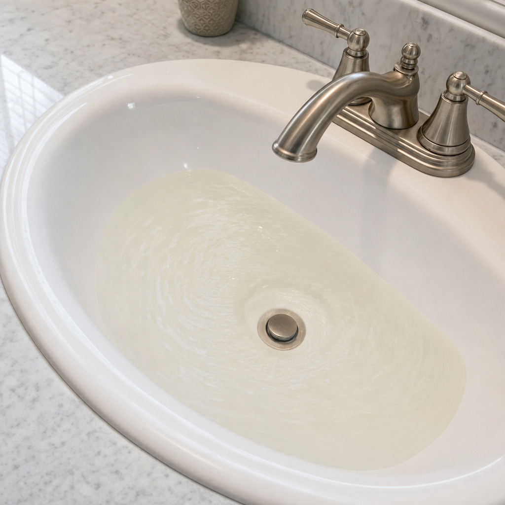 A bathroom sink draining slowly with water pooled in the basin, an early warning sign that a Saint Peters septic tank is full